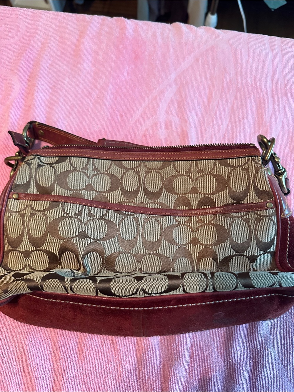 Coach Canvas Shoulder Bag with Burgundy Leather Accents - Picture 6 of 7